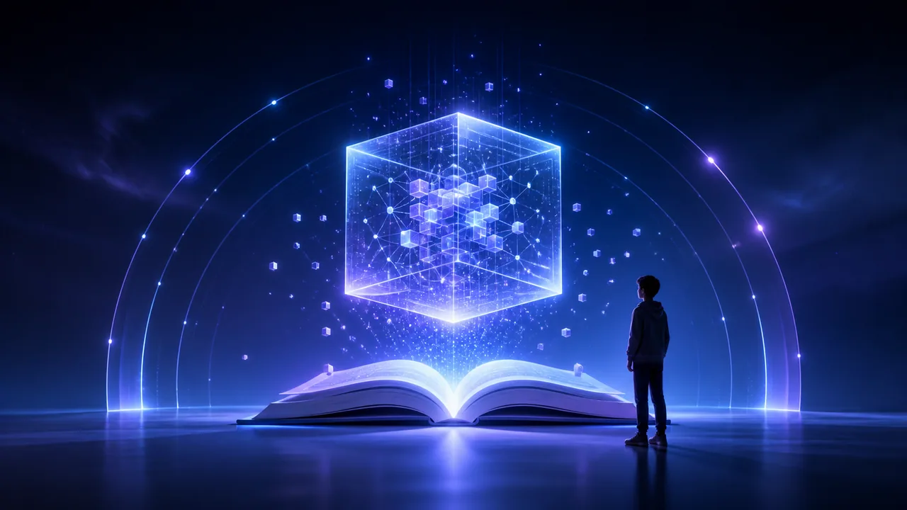 发光的大模型立方体从知识书本中升起